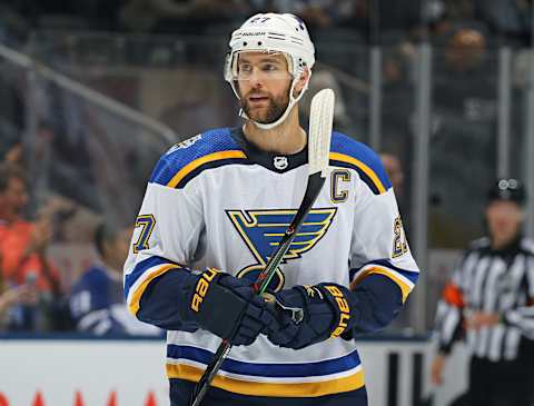 Alex Pietrangelo #27 of the St. Louis Blues waits for a faceoff against the Toronto Maple Leafs. (Photo by Claus Andersen/Getty Images)