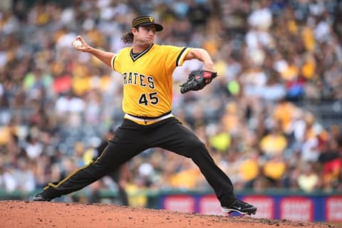 Jun 5, 2016; Pittsburgh, PA, USA; Pittsburgh Pirates starting pitcher Gerrit Cole (45) pitches against the Los Angeles Angels during the fourth inning at PNC Park. Mandatory Credit: Charles LeClaire-USA TODAY Sports