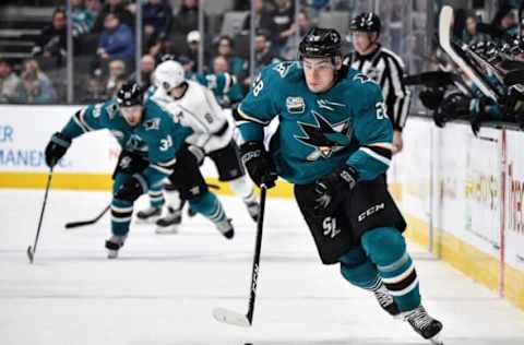 SAN JOSE, CA – JANUARY 07: Timo Meier #28 of the San Jose Sharks skates with the puck against the Los Angeles Kings at SAP Center on January 7, 2018 in San Jose, California (Photo by Brandon Magnus/NHLI via Getty Images)