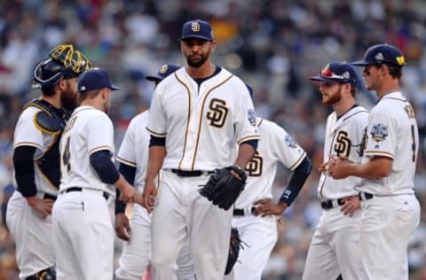 Apr 4, 2016; San Diego, CA, USA; San Diego Padres starting pitcher Tyson Ross (38) reacts as he is taken out of the game during the sixth inning against the Los Angeles Dodgers at Petco Park. Mandatory Credit: Jake Roth-USA TODAY Sports