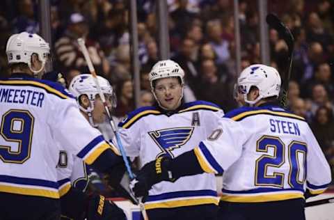 NHL Power Rankings: St. Louis Blues forward Vladimir Tarasenko (91) celebrates with teammates after scoring a goal against Vancouver Canucks goaltender Jacob Markstrom (not pictured) during the second period at Rogers Arena. Mandatory Credit: Anne-Marie Sorvin-USA TODAY Sports