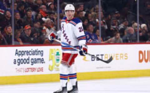 PHILADELPHIA, PENNSYLVANIA – DECEMBER 17: Jimmy Vesey #26 of the New York Rangers looks on against the Philadelphia Flyers at Wells Fargo Center on December 17, 2022 in Philadelphia, Pennsylvania. (Photo by Tim Nwachukwu/Getty Images)