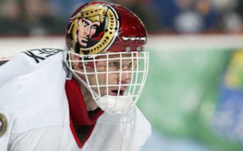 BUFFALO, NY – FEBRUARY 4: Dominik Hasek #39 of the Ottawa Senators looks on against the Buffalo Sabres on February 4, 2006 at HSBC Arena in Buffalo, New York. The Sabres won 2-1 in a shootout. (Photo by Rick Stewart/Getty Images)