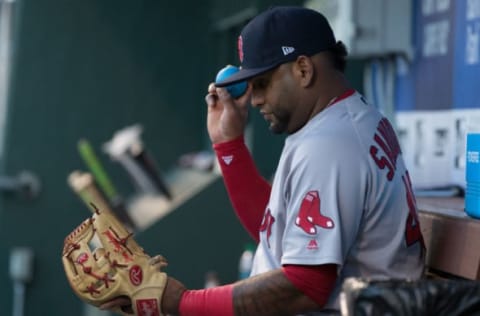 Jun 15, 2017; Philadelphia, PA, USA; Boston Red Sox third baseman Pablo Sandoval (48) warms up in the dugout before action against the Philadelphia Phillies at Citizens Bank Park. Mandatory Credit: Bill Streicher-USA TODAY Sports