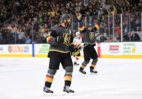 LAS VEGAS, NV – MARCH 06: Deryk Engelland #5 of the Vegas Golden Knights celebrates after scoring a goal during the third period against the Calgary Flames at T-Mobile Arena on March 6, 2019 in Las Vegas, Nevada. (Photo by Jeff Bottari/NHLI via Getty Images)