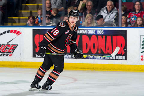 KELOWNA, BC – FEBRUARY 17: Riley Stotts #18 of the Calgary Hitmen . (Photo by Marissa Baecker/Getty Images)