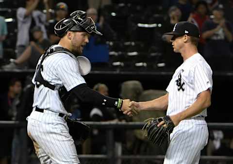 CHICAGO, IL – AUGUST 31: Ian Hamilton #63 of the Chicago White Sox and Kevan Smith #36 of the Chicago White Sox celebrate their win against the Boston Red Sox on August 31, 2018 at Guaranteed Rate Field in Chicago, Illinois. (Photo by David Banks/Getty Images)