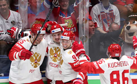 BRATISLAVA, SLOVAKIA MAY 19, 2019: Russia’s Artyom Anisimov, Dmitry Orlov, Nikita Gusev, and Nilita Kuzherov (L-R) celebrate scoring in their 2019 IIHF Ice Hockey World Championship Preliminary Round Group B match against Switzerland at the Ondrej Nepela Arena. Alexander Demianchuk/TASS (Photo by Alexander DemianchukTASS via Getty Images)