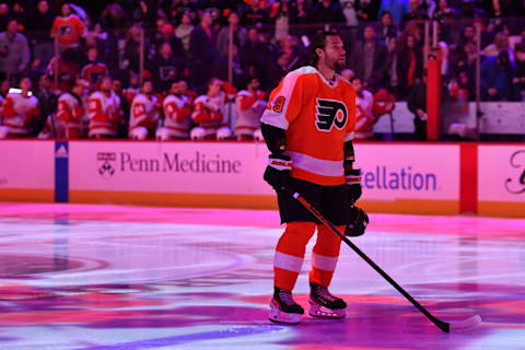 Mar 5, 2023; Philadelphia, Pennsylvania, USA; Philadelphia Flyers defenseman Ivan Provorov (9) during the national anthem against the Detroit Red Wings at Wells Fargo Center. Mandatory Credit: Eric Hartline-USA TODAY Sports