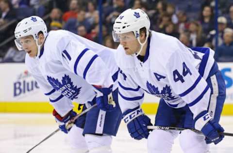 Feb 15, 2017; Columbus, OH, USA; Toronto Maple Leafs center Zach Hyman (11) and defenseman Morgan Rielly (44) against the Columbus Blue Jackets at Nationwide Arena. The Blue Jackets won 5-2. Mandatory Credit: Aaron Doster-USA TODAY Sports