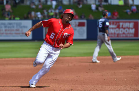 Mar 5, 2017; West Palm Beach, FL, USA; Washington Nationals third baseman Anthony Rendon (6) stops at third base after single by center fielder Adam Eaton (2, not pictured) against the Minnesota Twins at The Ballpark of the Palm Beaches. Mandatory Credit: Jasen Vinlove-USA TODAY Sports. MLB.