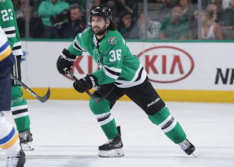 DALLAS, TX – MAY 1: Mats Zuccarello #36 of the Dallas Stars skates against the St. Louis Blues in Game Four of the Western Conference Second Round during the 2019 NHL Stanley Cup Playoffs at the American Airlines Center on May 1, 2019 in Dallas, Texas. (Photo by Glenn James/NHLI via Getty Images)