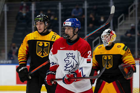 EDMONTON, AB – DECEMBER 27: Jiri Kulich #27 of Czechia skates against Germany in the third period during the 2022 IIHF World Junior Championship at Rogers Place on December 27, 2021 in Edmonton, Canada. (Photo by Codie McLachlan/Getty Images)