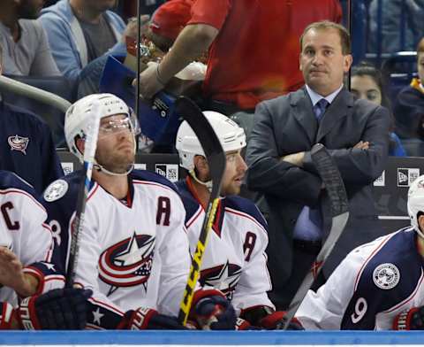 Oct 12, 2015; Buffalo, NY, USA; Columbus Blue Jackets head coach Todd Richards watches play from the bench during the first period against the Columbus Blue Jackets at First Niagara Center. Mandatory Credit: Kevin Hoffman-USA TODAY Sports