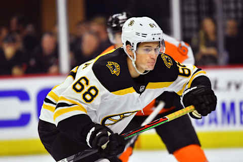 PHILADELPHIA, PA – SEPTEMBER 19: Bruins C Jack Studnicka (68) chases the puck after a faceoff in the first period during the game between the Boston Bruins and Philadelphia Flyers on September 19, 2019 at Wells Fargo Center in Philadelphia, PA. (Photo by Kyle Ross/Icon Sportswire via Getty Images)