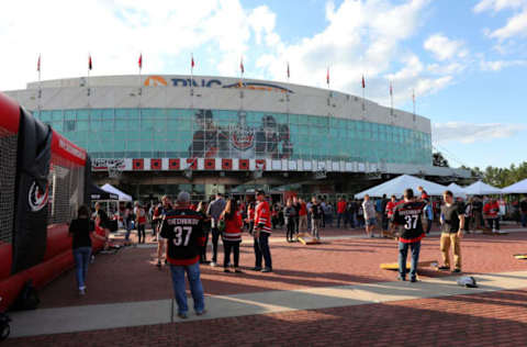 RALEIGH, NORTH CAROLINA – MAY 14: Carolina Hurricanes fans gather outside of the arena before Game Three between the Boston Bruins and the Carolina Hurricanes in the Eastern Conference Finals during the 2019 NHL Stanley Cup Playoffs at PNC Arena on May 14, 2019, in Raleigh, North Carolina. (Photo by Bruce Bennett/Getty Images)