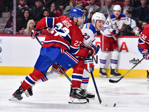 MONTREAL, QC – FEBRUARY 27: Dale Weise #22 of the Montreal Canadiens skates against Adam Fox #23 of the New York Rangers during the third period at the Bell Centre on February 27, 2020 in Montreal, Canada. The New York Rangers defeated the Montreal Canadiens 5-2. (Photo by Minas Panagiotakis/Getty Images)