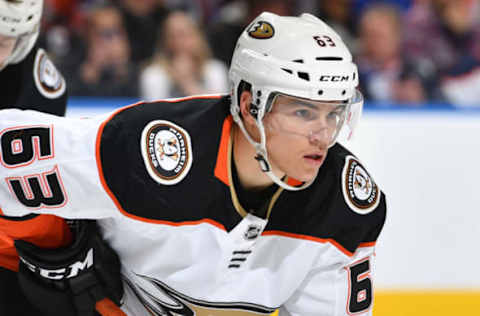 EDMONTON, AB – JANUARY 4: Kevin Roy #63 of the Anaheim Ducks lines up for a face off during the game against the Edmonton Oilers on January 4, 2018, at Rogers Place in Edmonton, Alberta, Canada. (Photo by Andy Devlin/NHLI via Getty Images)