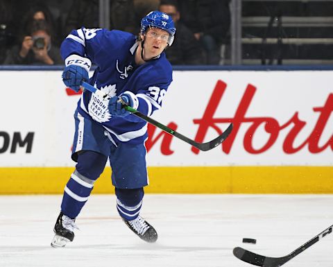 TORONTO, ON – FEBRUARY 11: Rasmus Sandin #38 of the Toronto Maple Leafs . (Photo by Claus Andersen/Getty Images)