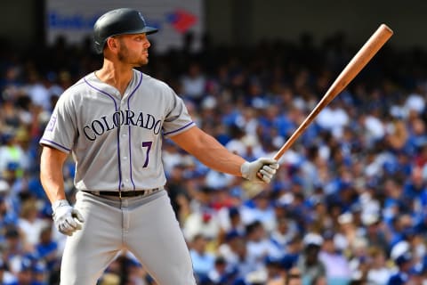 LOS ANGELES, CA – OCTOBER 01: Colorado Rockies outfielder Matt Hollliday (7) at bat during the National League West division tiebreaker game between the Colorado Rockies and the Los Angeles Dodgers on October 1, 2018 at Dodger Stadium in Los Angeles, CA. (Photo by Brian Rothmuller/Icon Sportswire via Getty Images)