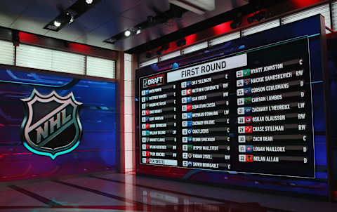 SECAUCUS, NEW JERSEY – JULY 23: A general view of the draft board from the first round of the 2021 NHL Entry Draft at the NHL Network studios on July 23, 2021 in Secaucus, New Jersey. (Photo by Bruce Bennett/Getty Images)