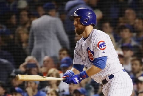 CHICAGO, IL – OCTOBER 02: Been Zobrist #18 of the Chicago Cubs hits a single in the first inning against the Colorado Rockies during the National League Wild Card Game at Wrigley Field on October 2, 2018 in Chicago, Illinois. (Photo by Jonnathan Daniel/Getty Images)