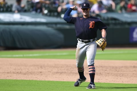 BRADENTON, FLORIDA – MARCH 02: Spencer Torkelson #73 of the Detroit Tigers warms up during the fifth inning against the Pittsburgh Pirates during a spring training game at LECOM Park on March 02, 2021 in Bradenton, Florida. (Photo by Douglas P. DeFelice/Getty Images)