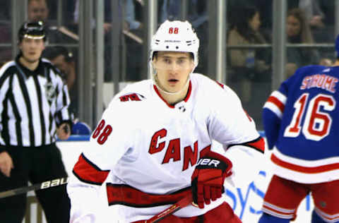 NEW YORK, NEW YORK – APRIL 26: Martin Necas #88 of the Carolina Hurricanes skates against the New York Rangers at Madison Square Garden on April 26, 2022, in New York City. (Photo by Bruce Bennett/Getty Images)