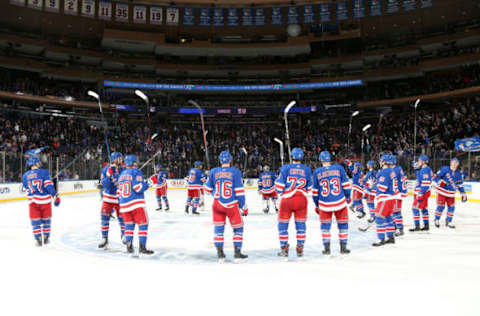 NEW YORK, NY – FEBRUARY 23: The New York Rangers celebrate after defeating the New Jersey Devils 5-2 at Madison Square Garden on February 23, 2019 in New York City. (Photo by Jared Silber/NHLI via Getty Images)