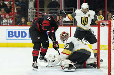 RALEIGH, NC – FEBRUARY 01: Vegas Golden Knights Goalie Maxime Lagace (33) makes a save on a shot by Carolina Hurricanes Left Wing Andrei Svechnikov (37) during a game between the Las Vegas Golden Knights and the Carolina Hurricanes on February 1, 2019, at the PNC Arena in Raleigh, NC. (Photo by Greg Thompson/Icon Sportswire via Getty Images)