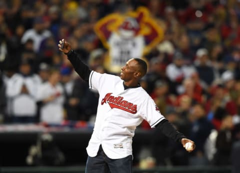 Oct 25, 2016; Cleveland, OH, USA; Cleveland Indians former player Kenny Lofton throws out the ceremonial first pitch before game one of the 2016 World Series against the Chicago Cubs at Progressive Field. Mandatory Credit: Tommy Gilligan-USA TODAY Sports