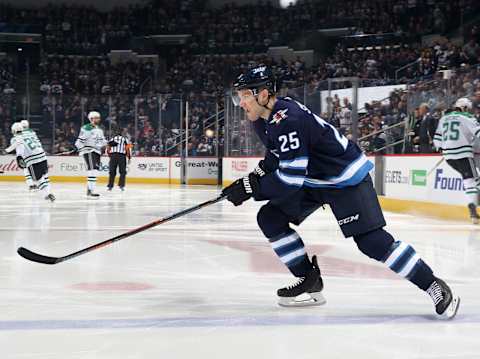 WINNIPEG, MB – MARCH 18: Paul Stastny #25 of the Winnipeg Jets hits the ice prior to puck drop against the Dallas Stars at the Bell MTS Place on March 18, 2018 in Winnipeg, Manitoba, Canada. (Photo by Jonathan Kozub/NHLI via Getty Images)