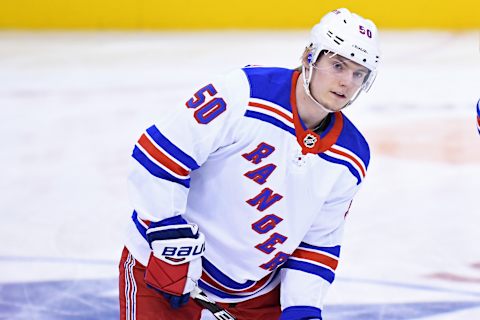 TORONTO, ON – MARCH 23: New York Rangers Center Lias Andersson (50) in warmups prior to the regular season NHL game between the New York Rangers and Toronto Maple Leafs on March 23, 2019 at Scotiabank Arena in Toronto, ON. (Photo by Gerry Angus/Icon Sportswire via Getty Images)