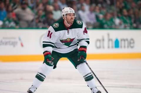 Apr 16, 2016; Dallas, TX, USA; Minnesota Wild right wing Justin Fontaine (14) skates against the Dallas Stars in game two of the first round of the 2016 Stanley Cup Playoffs at the American Airlines Center. The Stars defeat the Wild 2-1. Mandatory Credit: Jerome Miron-USA TODAY Sports