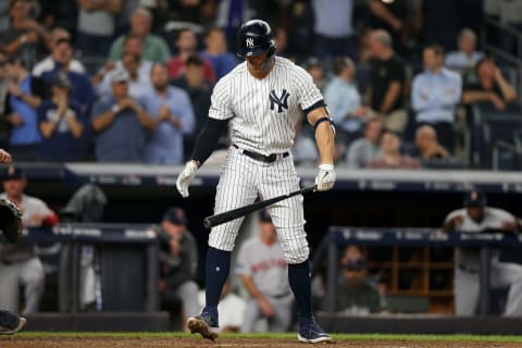 NEW YORK, NY – OCTOBER 09: (NEW YORK DAILIES OUT) Gianncarlo Stanton #27 of the New York Yankees strikes out in the ninth inning against the Boston Red Sox in Game Four of the American League Division Series at Yankee Stadium on October 9, 2018 in the Bronx borough of New York City. The Red Sox defeated the Yankees 4-3. (Photo by Jimm McIsaac/Getty Images)