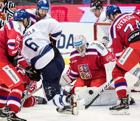 Czech goalkeeper Pavel Francouz stops a shot from Finland’s Antti Suomela during the Finland vs the Czech Republic ice hockey match in the Sweden Hockey Games in the Scandinavium Arena in Goteborg, Sweden, February 11, 2017./ AFP / TT News Agency / Bjorn LARSSON ROSVALL / Sweden OUT (Photo credit should read BJORN LARSSON ROSVALL/AFP/Getty Images)