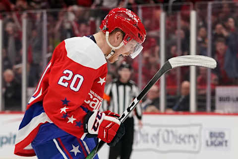 WASHINGTON, DC – FEBRUARY 02: Lars Eller #20 of the Washington Capitals celebrates after scoring a goal against the Pittsburgh Penguins in the first period at Capital One Arena on February 2, 2020 in Washington, DC. (Photo by Patrick McDermott/NHLI via Getty Images)