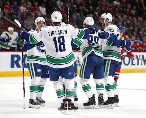 Jake Virtanen & the Vancouver Canucks celebrate (Mandatory Credit: Jean-Yves Ahern-USA TODAY Sports)