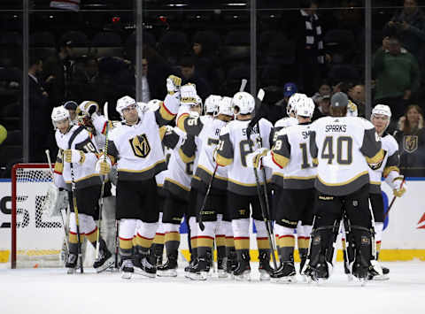 NEW YORK, NEW YORK – DECEMBER 02: The Vegas Golden Knights celebrate their 4-1 win over the New York Rangers at Madison Square Garden on December 02, 2019 in New York City. (Photo by Bruce Bennett/Getty Images)