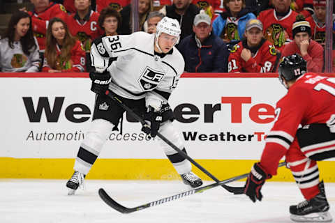 Dec. 3, 2017; Chicago, IL, USA; Los Angeles Kings left wing Jussi Jokinen (36) controls the puck against the Los Angeles Kings during a game at the United Center. Mandatory Credit: Patrick Gorski-USA TODAY Sports