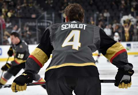 LAS VEGAS, NV – APRIL 04: Jimmy Schuldt #4 of the Vegas Golden Knights warms up prior to a game against the Arizona Coyotes at T-Mobile Arena on April 4, 2019 in Las Vegas, Nevada. (Photo by David Becker/NHLI via Getty Images)