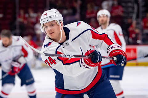 CHICAGO, IL – JANUARY 20: Washington Capitals defenseman John Carlson (74) warms up prior to a game between the Washington Capitals and the Chicago Blackhawks on January 20, 2019, at the United Center in Chicago, IL. (Photo by Patrick Gorski/Icon Sportswire via Getty Images)