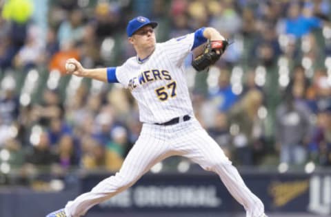 Apr 28, 2017; Milwaukee, WI, USA; Milwaukee Brewers pitcher Chase Anderson (57) throws a pitch during the first inning against the Atlanta Braves at Miller Park. Mandatory Credit: Jeff Hanisch-USA TODAY Sports. Fantasy baseball.