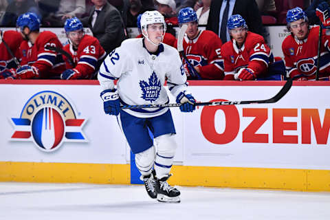 MONTREAL, CANADA – OCTOBER 03: Filip Kral #82 of the Toronto Maple Leafs   (Photo by Minas Panagiotakis/Getty Images)