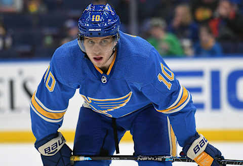 ST. LOUIS, MO – APRIL 06: St. Louis Blues center Brayden Schenn (10) gets ready to take a face off during a NHL game between the Vancouver Canucks and the St. Louis Blues on April 06, 2019, at Enterprise Center, St. Louis, Mo. (Photo by Keith Gillett/Icon Sportswire via Getty Images)