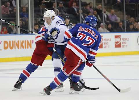 NEW YORK, NEW YORK – OCTOBER 29: Yanni Gourde #37 of the Tampa Bay Lightning skates against the New York Rangers at Madison Square Garden on October 29, 2019 in New York City. The Rangers defeated the Lightning 4-1. (Photo by Bruce Bennett/Getty Images)