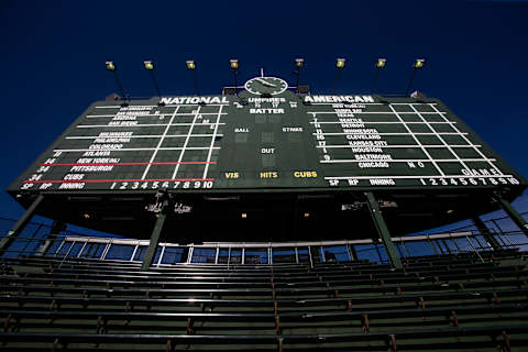 CHICAGO, IL – SEPTEMBER 27: A general view of the Wrigley Field scoreboard prior to a game between the Chicago Cubs and the Pittsburgh Pirates at Wrigley Field on Thursday September 27, 2018 in Chicago, Illinois. (Photo by Rob Tringali/MLB Photos via Getty images)