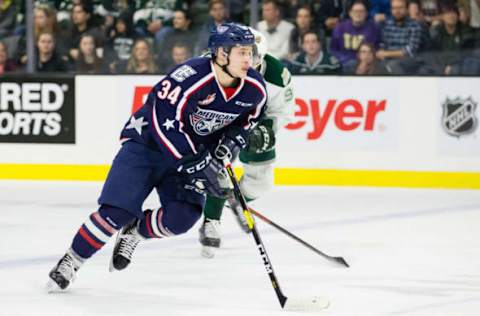 EVERETT, WA – MARCH 23: Tri-City Americans forward Sasha Mutala (34) skates through the neutral zone during the second period of Game 2 of the divisional playoff series between the Everett Silvertips and the Tri-City Americans on Saturday, March 23, 2019 at Angel of the Winds Arena in Everett, WA. (Photo by Christopher Mast/Icon Sportswire via Getty Images)