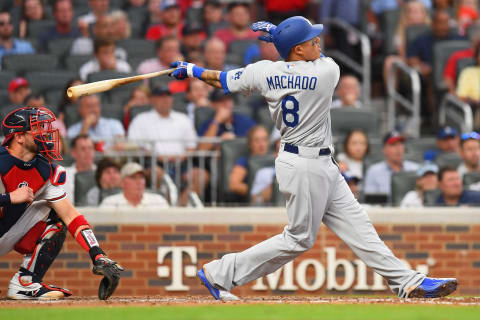 ATLANTA, GA – OCTOBER 08: Manny Machado #8 of the Los Angeles Dodgers hits a three run homerun during the seventh inning of Game Four of the National League Division Series against the Atlanta Braves at Turner Field on October 8, 2018 in Atlanta, Georgia. (Photo by Scott Cunningham/Getty Images)