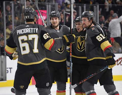 LAS VEGAS, NEVADA – FEBRUARY 13: Max Pacioretty #67, Shea Theodore #27, Jonathan Marchessault #81 and Mark Stone #61 of the Vegas Golden Knights celebrate after Marchessault scored a second-period power-play goal against the St. Louis Blues during their game at T-Mobile Arena on February 13, 2020 in Las Vegas, Nevada. (Photo by Ethan Miller/Getty Images)